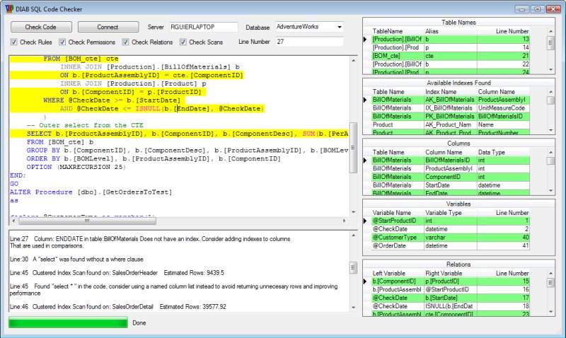 Screen Shot of SQL Code Checker